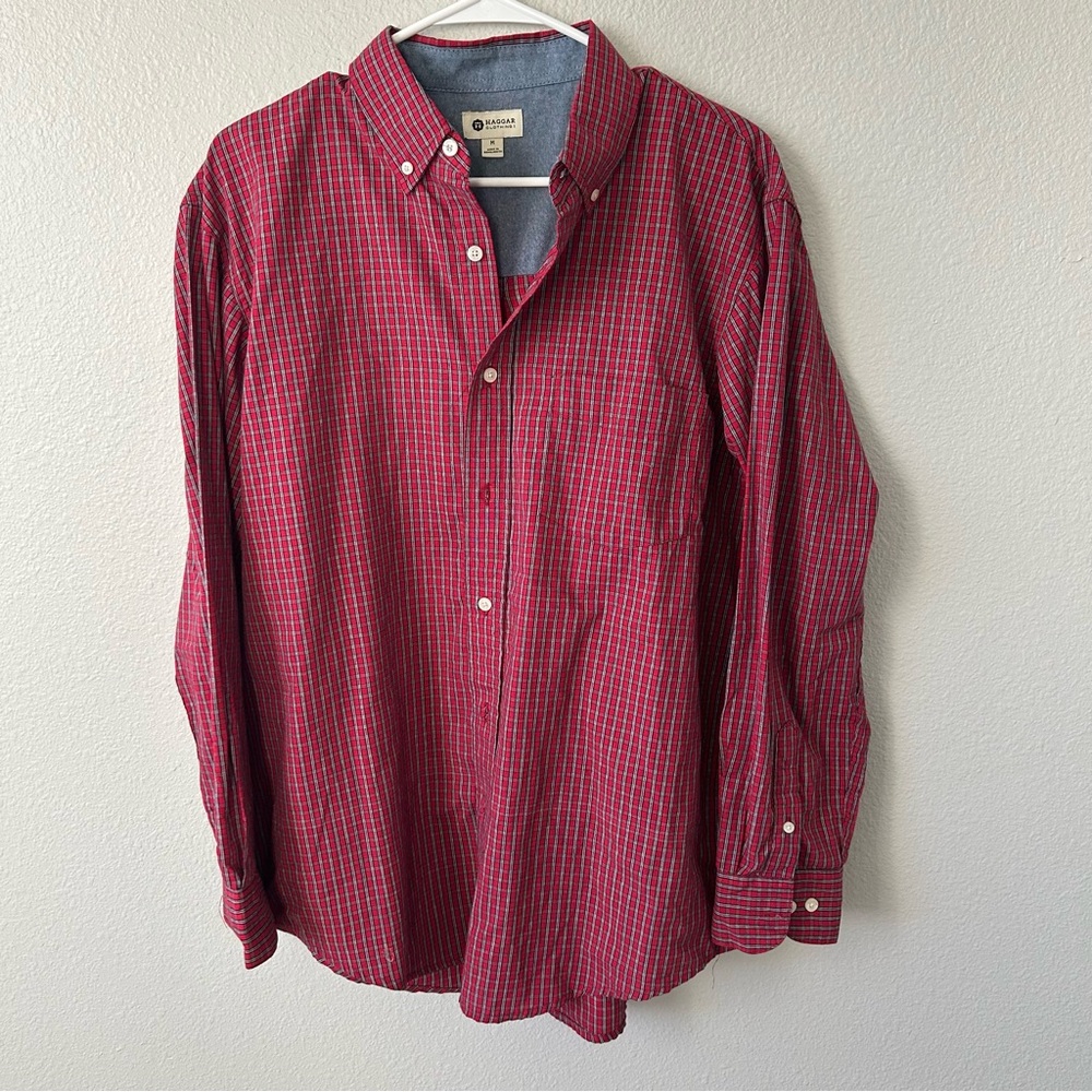 Haggar Red Plaid Men's Button Down Shirt